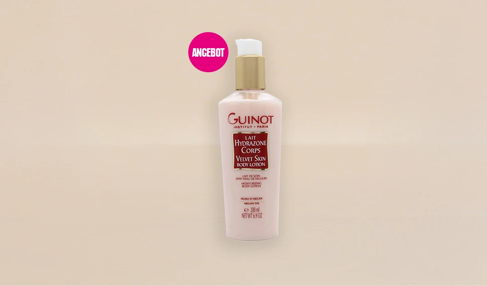 Die Guinot Lait Hydrazone Corps Body Lotion ist auf einem hellen Grund zu sehen. Daneben ist ein Kreis mit der Aufschrift "Angebot".