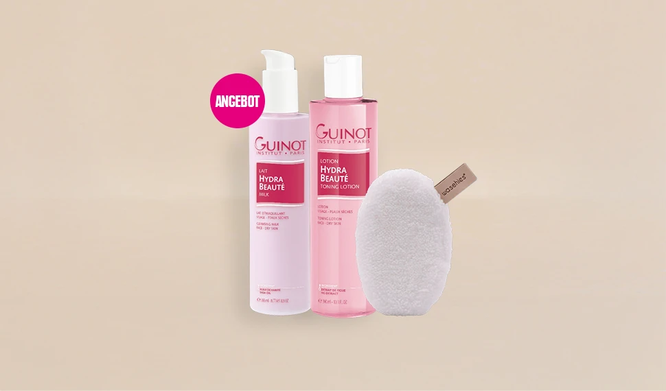 Zwei rosane Guinot Produkte auf beigem Grund mit dem Schriftzug Angebot.