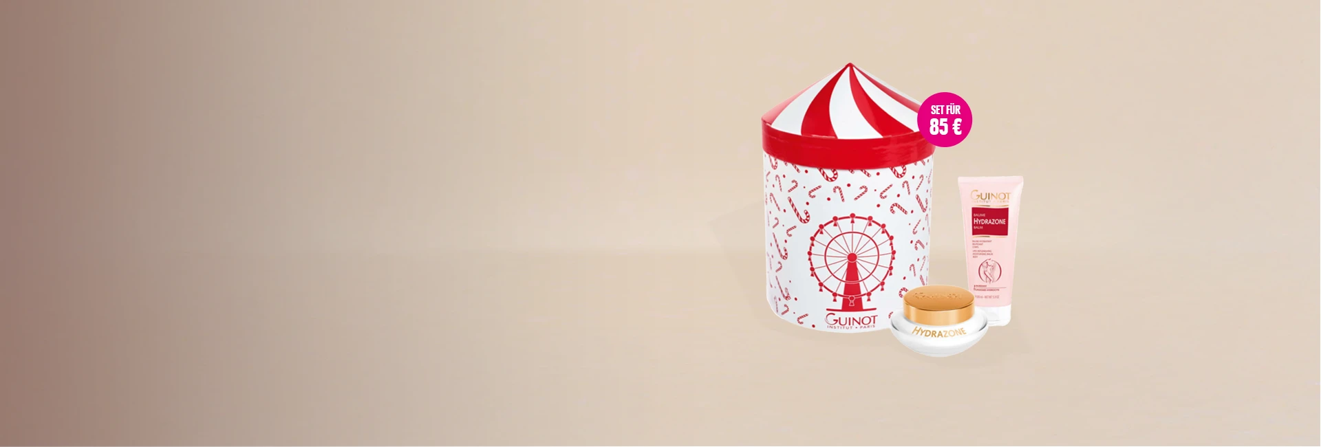 Guinot Hydrazone Balm und Guinot Creme Hydrazone stehen vor einem beigen Hintergrund. Das Set ist reduziert auf 85 €.