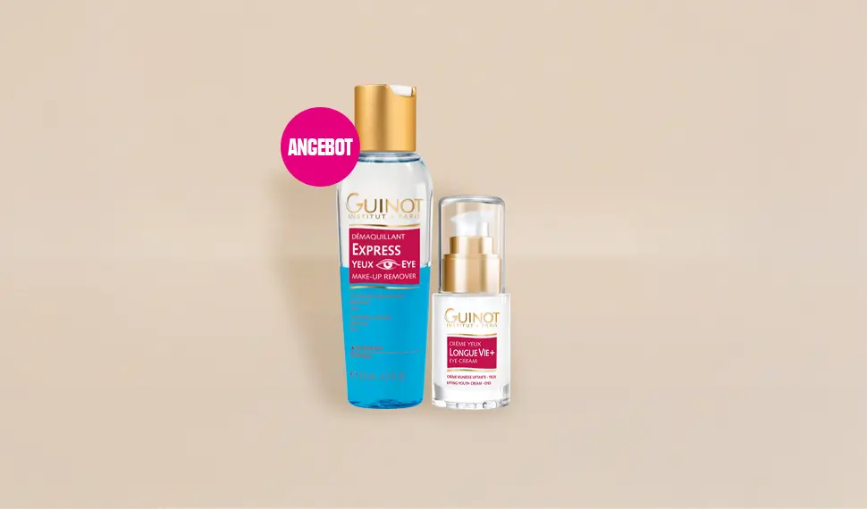 Zwei Guinot Hautpflegeprodukte vor beigem Hintergrund: links eine transparente blaue Flasche „Démaquillant Express Yeux Eye Make-Up Remover“ mit goldfarbenem Verschluss und pinkem „Angebot“-Sticker, rechts ein kleiner Pumpspender „Crème Yeux Longue Vie+ Eye Cream“ mit goldfarbenem Spender und klarem Deckel.