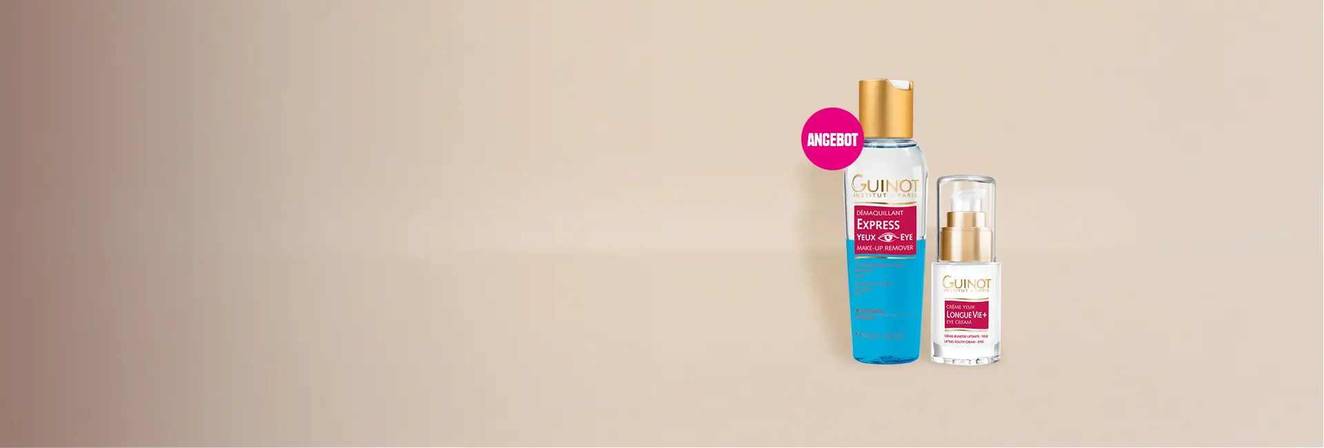 Zwei Guinot Hautpflegeprodukte vor beigem Hintergrund: links eine transparente blaue Flasche „Démaquillant Express Yeux Eye Make-Up Remover“ mit goldfarbenem Verschluss und pinkem „Angebot“-Sticker, rechts ein kleiner Pumpspender „Crème Yeux Longue Vie+ Eye Cream“ mit goldfarbenem Spender und klarem Deckel.