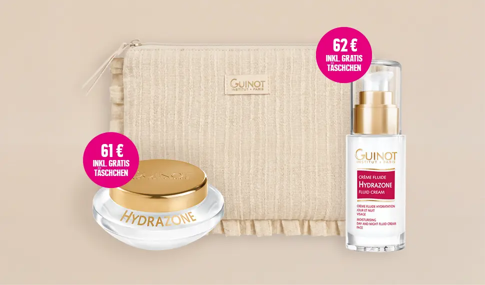 Vor einem hellen Hintergrund stehen eine cremefarbene Kosmetiktasche, die Feuchtigkeitscreme „Hydrazone“ im Tiegel und die „Crème Fluide Hydrazone“ im Pumpspender von Guinot. Pinke Hinweis-Badges zeigen die Angebotspreise von 61 € bzw. 62 € inklusive gratis Täschchen.