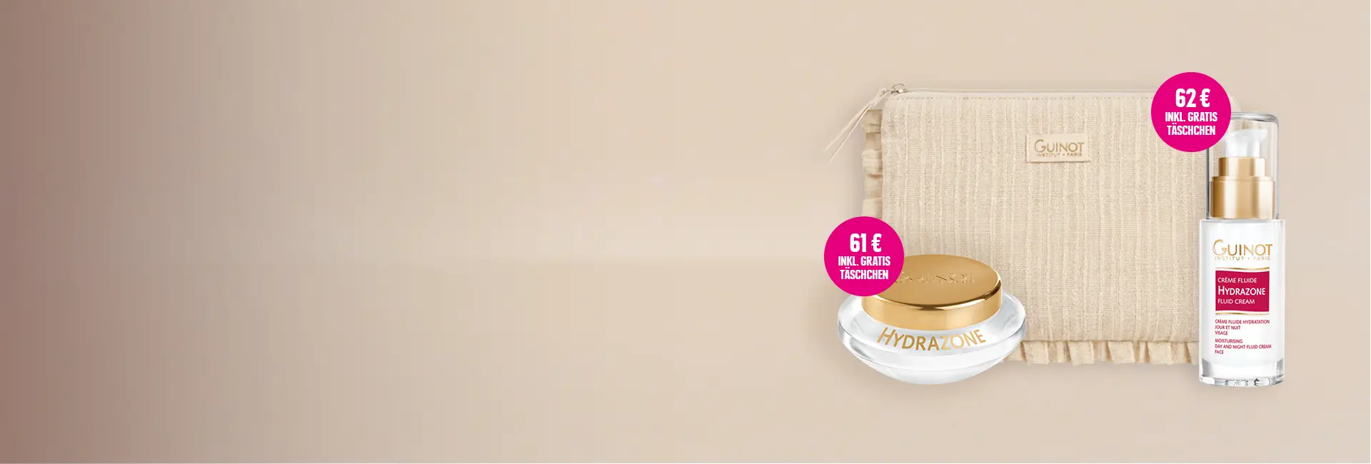Vor einem hellen Hintergrund stehen eine cremefarbene Kosmetiktasche, die Feuchtigkeitscreme „Hydrazone“ im Tiegel und die „Crème Fluide Hydrazone“ im Pumpspender von Guinot. Pinke Hinweis-Badges zeigen die Angebotspreise von 61 € bzw. 62 € inklusive gratis Täschchen.
