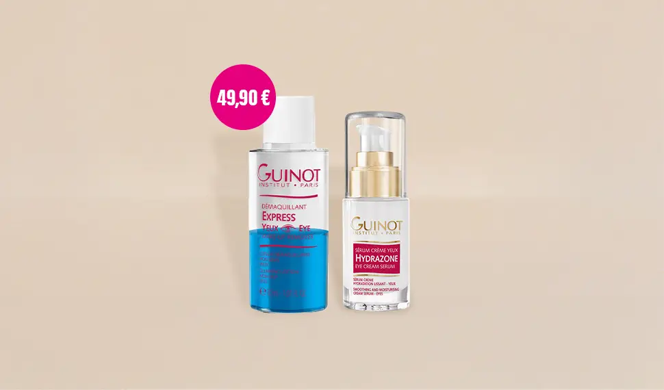 Sérum Crème Yeux Hydrazone Augenpflege 15 ml und Démaquillant Express Yeux 30 ml Reisegröße vor beigem Hintergrund.