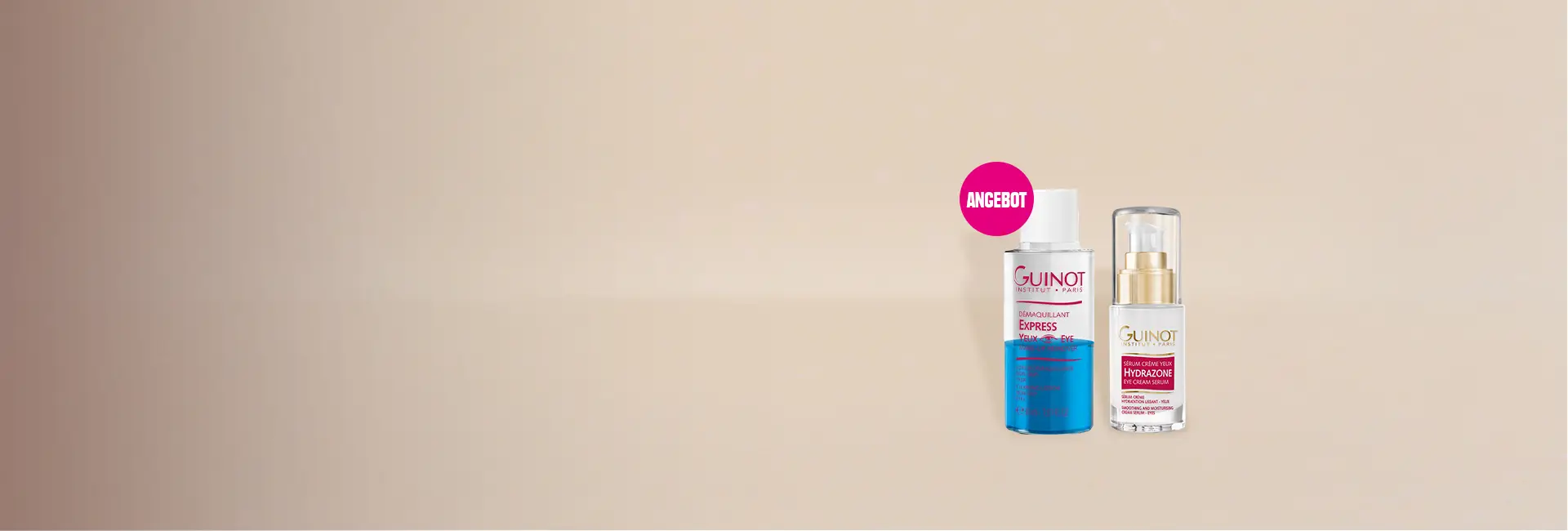 érum Crème Yeux Hydrazone Augenpflege 15 ml und Démaquillant Express Yeux 30 ml Reisegröße vor beigem Hintergrund.