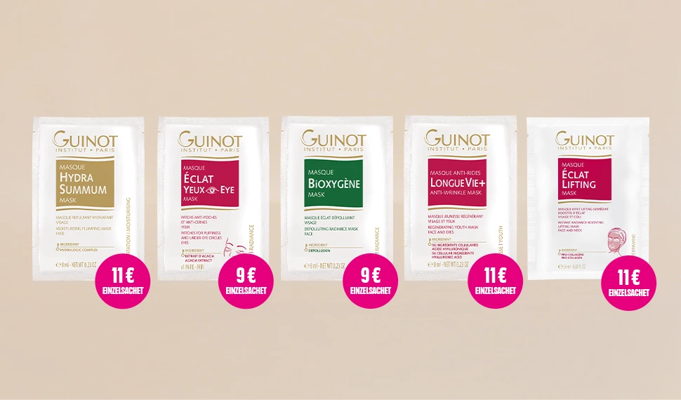 Fünf einzeln dargestellte Guinot-Gesichtsmasken mit Angebotspreisen von 9 oder 11 Euro auf beigefarbenem Hintergrund.