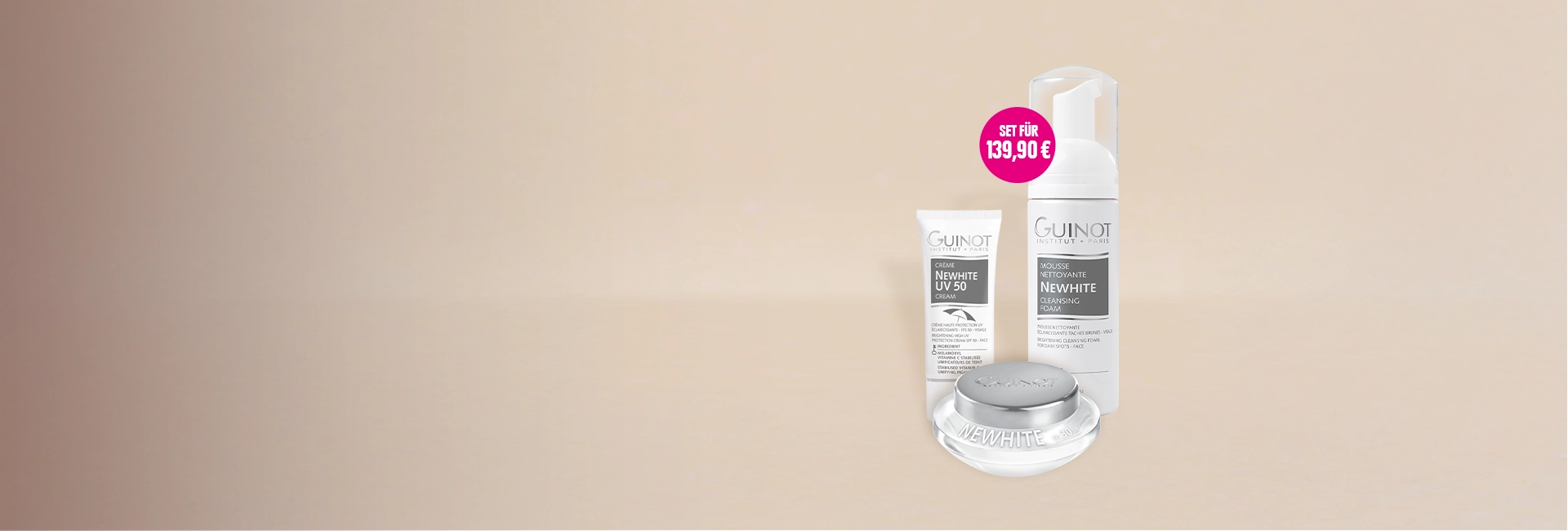 Guinot Newhite Pflegeset mit UV 50 Creme, Cleansing Foam und Pflegecreme – Set für 139,90 €
