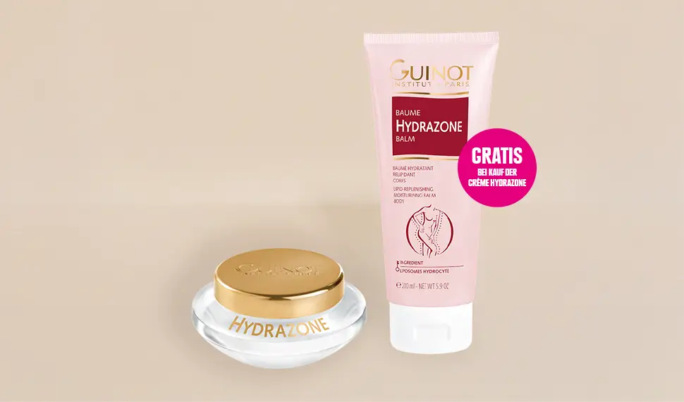 Guinot Hydrazone Creme im Tiegel mit Baume Hydrazone Körperbalsam; der Balsam ist beim Kauf der Crème Hydrazone gratis.