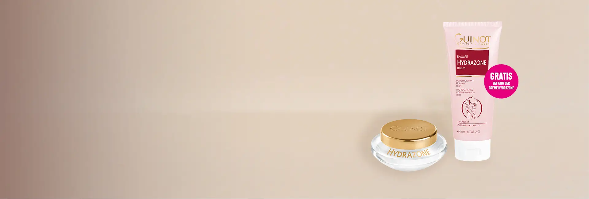 Guinot Hydrazone Creme im Tiegel mit Baume Hydrazone Körperbalsam; der Balsam ist beim Kauf der Crème Hydrazone gratis.